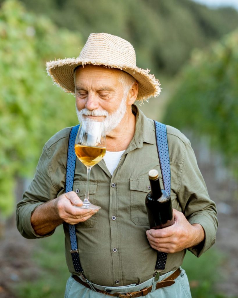 Senior winemaker with wine on the vineyard